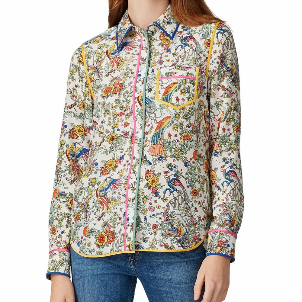 Tory Burch Promised Land Bird Peacock Floral Silk Shirt Top Contrast Binding 4